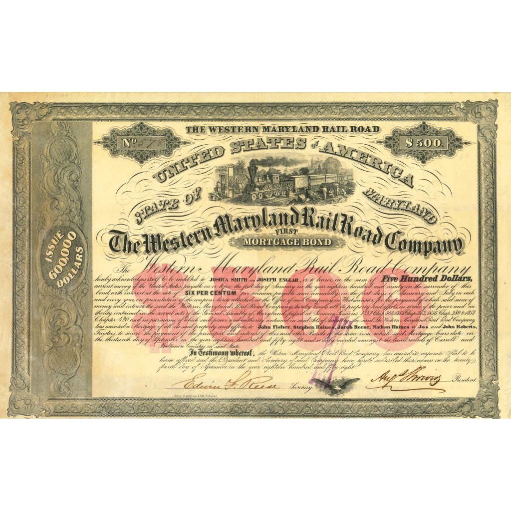 1858 - THE WESTERN MARYLAND RAILROAD - $500