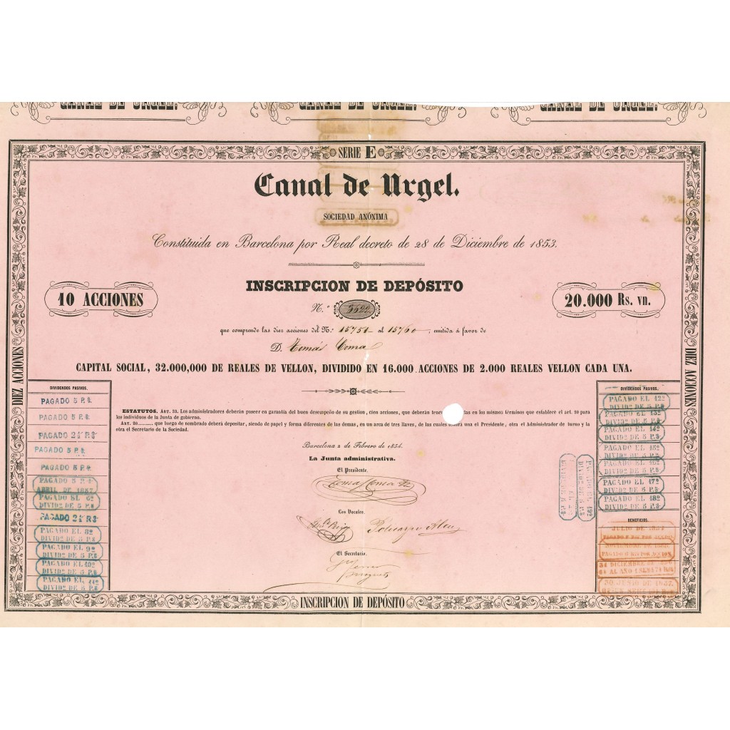 1854 - CANAL DE URGEL - 10 SHARES