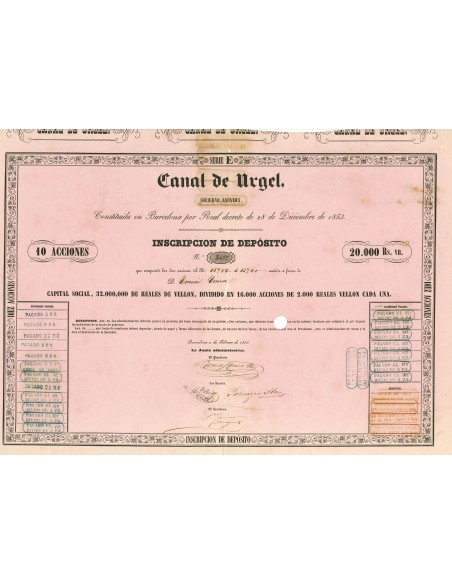 1854 - CANAL DE URGEL - 10 SHARES