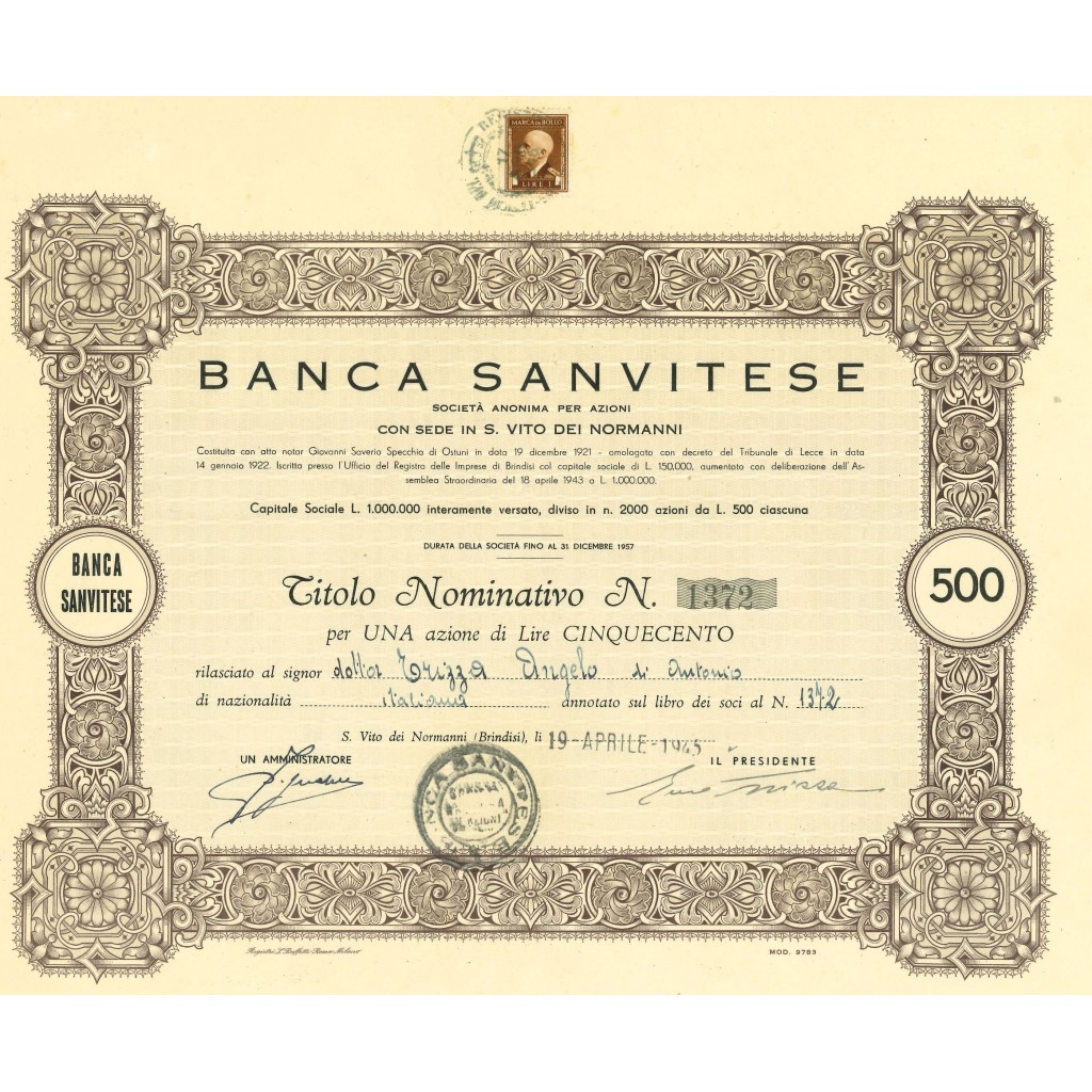 1945 - BANCA SANVITESE - 1 SHARE