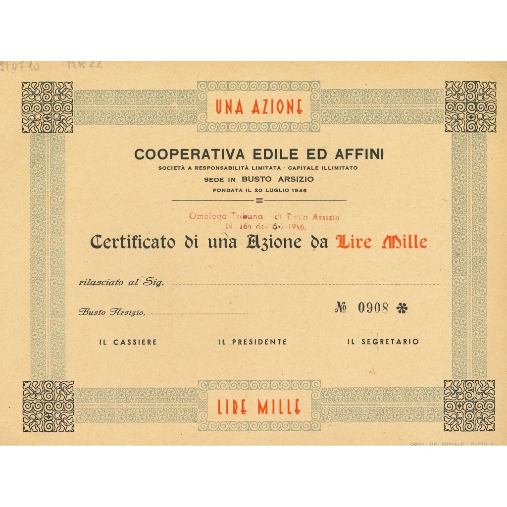 1946 - COOPERATIVA EDILE ED AFFINI - 1000 LIRE