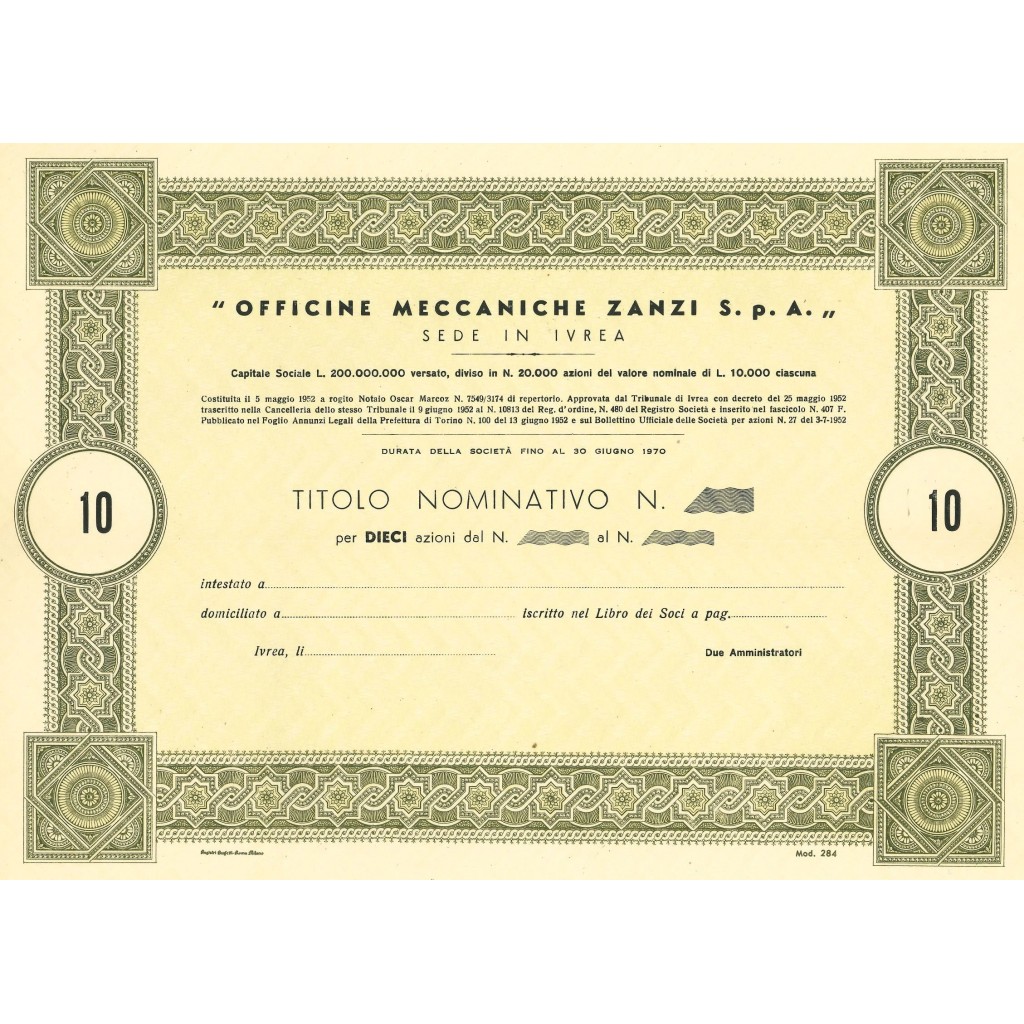 1952 - OFFICINE MECCANICHE ZANZI SPA - 10 AZIONI