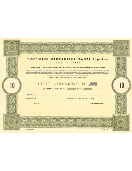 1952 - OFFICINE MECCANICHE ZANZI SPA - 10 AZIONI