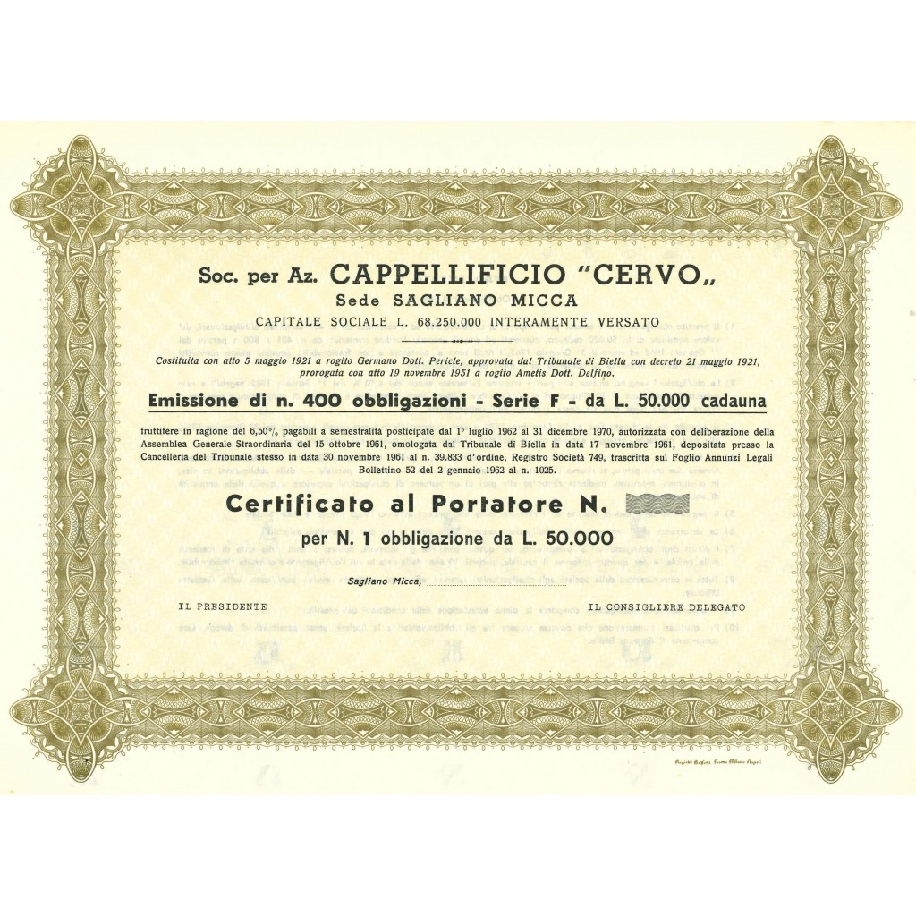 1962 - CAPPELLIFICIO "CERVO" - 1 OBBLIGAZIONE