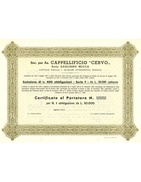 1962 - CAPPELLIFICIO "CERVO" - 1 OBBLIGAZIONE