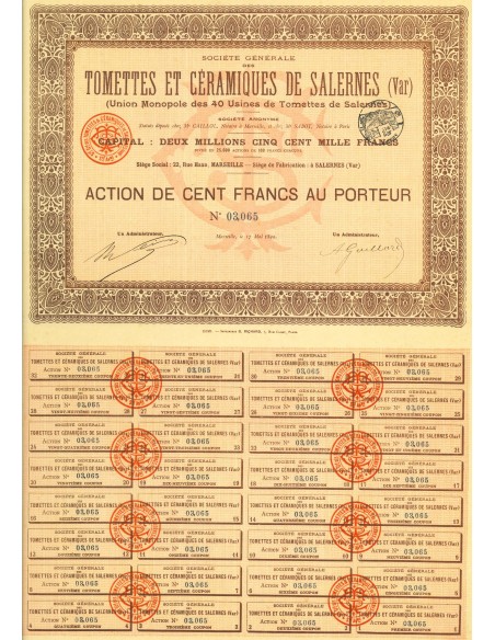 1899 - SOCIETE GENERALE DES TOMETTES ET CERAMIQUES DE SALERNES - 1 AZIONE