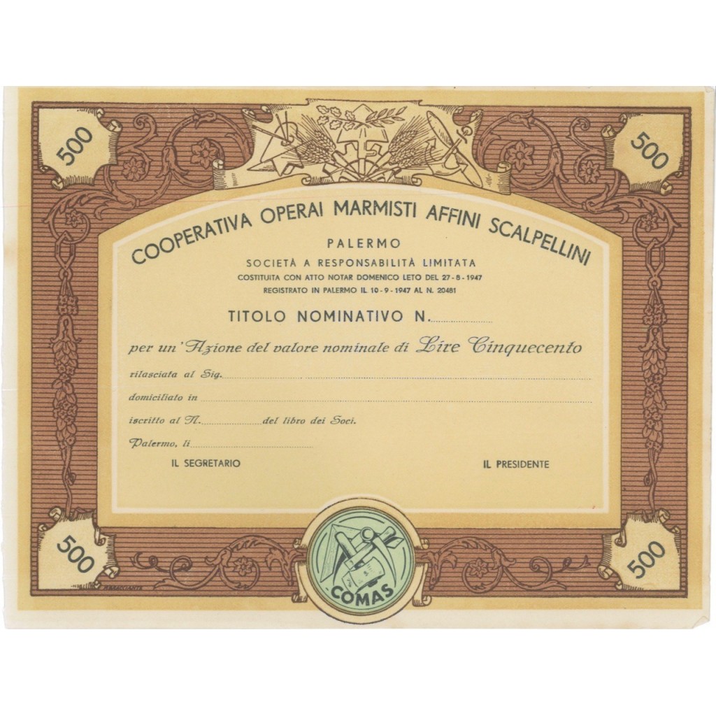 COOP. OPERAI MARMISTI AFFINI SCALPELLINI- AZIONI - PALERMO 1947