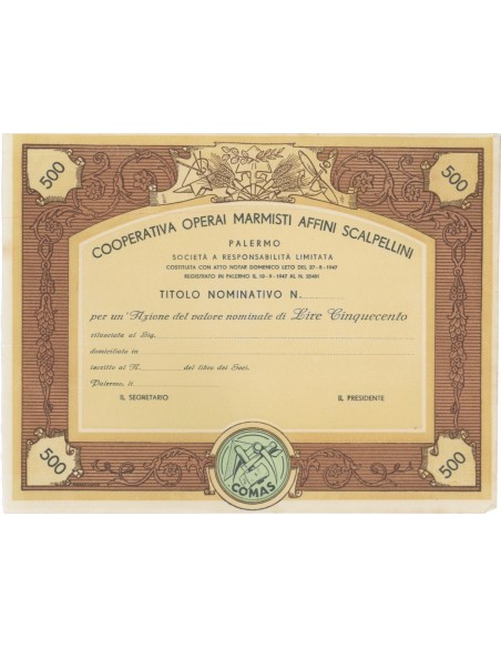 COOP. OPERAI MARMISTI AFFINI SCALPELLINI- AZIONI - PALERMO 1947