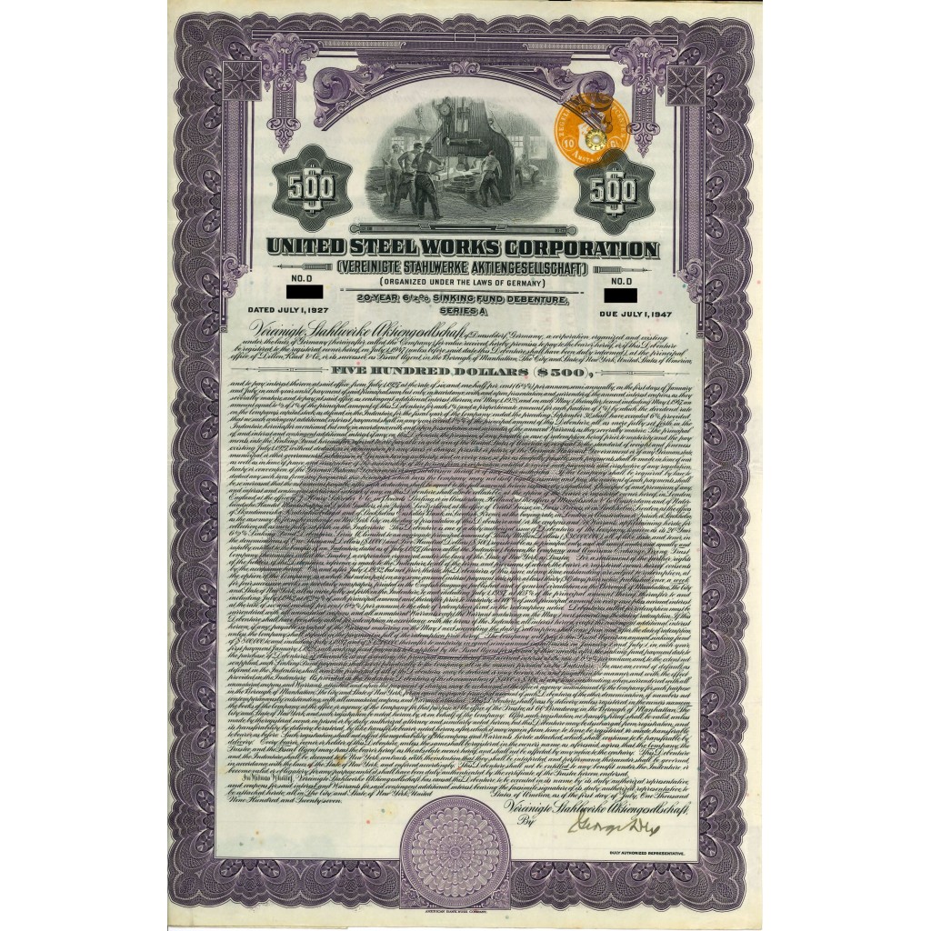 1927 - UNITED STEEL WORKS CORPORATION 6 1/2%...