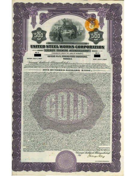 1927 - UNITED STEEL WORKS CORPORATION 6 1/2% BOND $500 Serie A