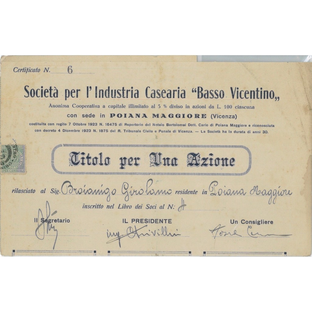 SOC. PER L'IND. CASEARIA BASSO VICENTINO - 1 AZIONE VICENZA 1923