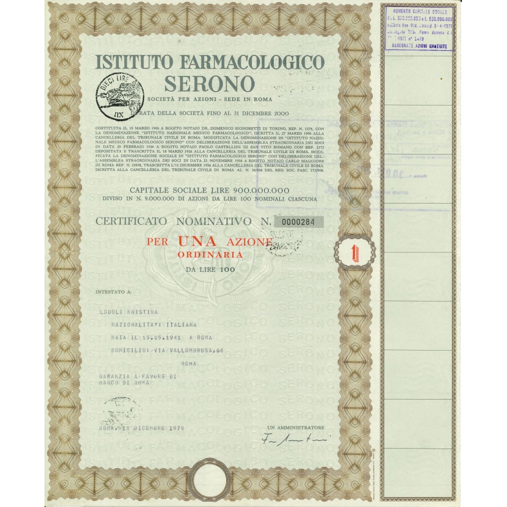 1972 - ISTITUTO FARMACOLOGICO SERONO 1 AZIONE - ROMA