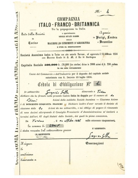1856 - COMPAGNIA ITALO - FRANCO - BRITANNICA PER INTRODUZIONE MACCHINE AGRICOLTURA 1 OBBL.