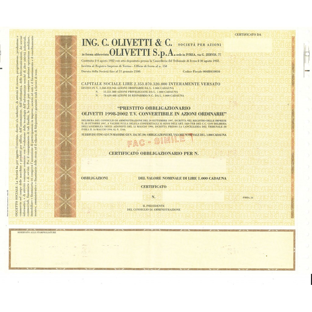 1998 - OLIVETTI SPA - PRESTITO OBBLIGAZIONARIO - IVREA