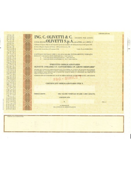 1998 - OLIVETTI SPA - PRESTITO OBBLIGAZIONARIO - IVREA