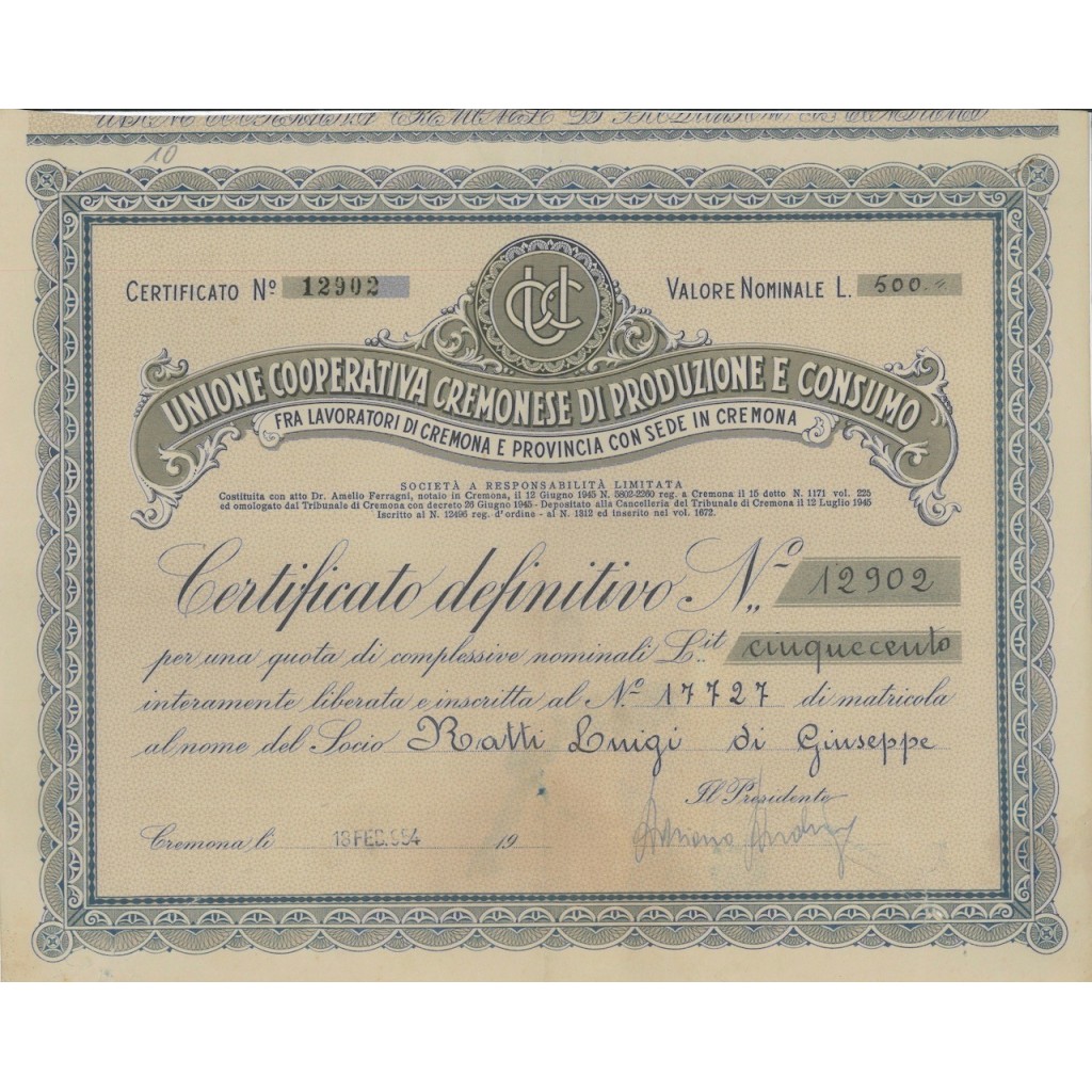 UNIONE COOP. CREMONESE PROD. E CONSUMO 1 AZIONE - CREMONA 1954