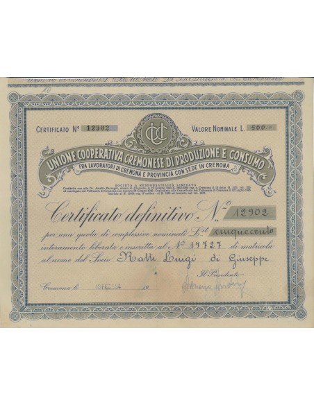 UNIONE COOP. CREMONESE PROD. E CONSUMO 1 AZIONE - CREMONA 1954