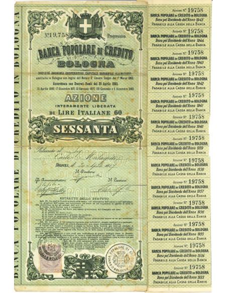 1887 - BANCA POPOLARE DI CREDITO IN BOLOGNA - UNA AZIONE - BOLOGNA