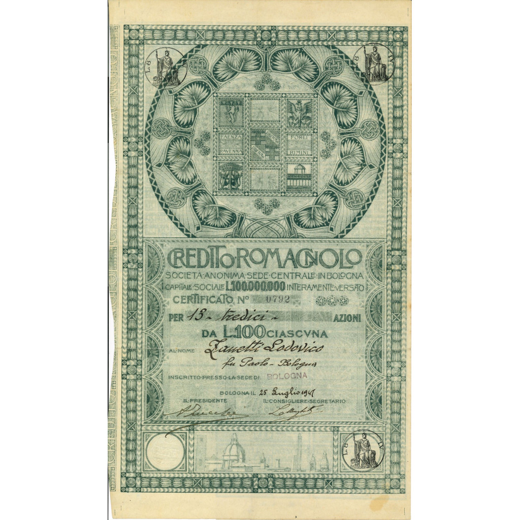 1947 - CREDITO ROMAGNOLO - 13 AZIONI - BOLOGNA