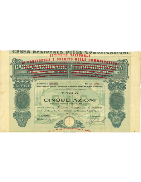 1930 - IST. NAZI. DI PREVIDENZA E CREDITO DELLE COMUNICAZIONI 5 AZIONI ROMA
