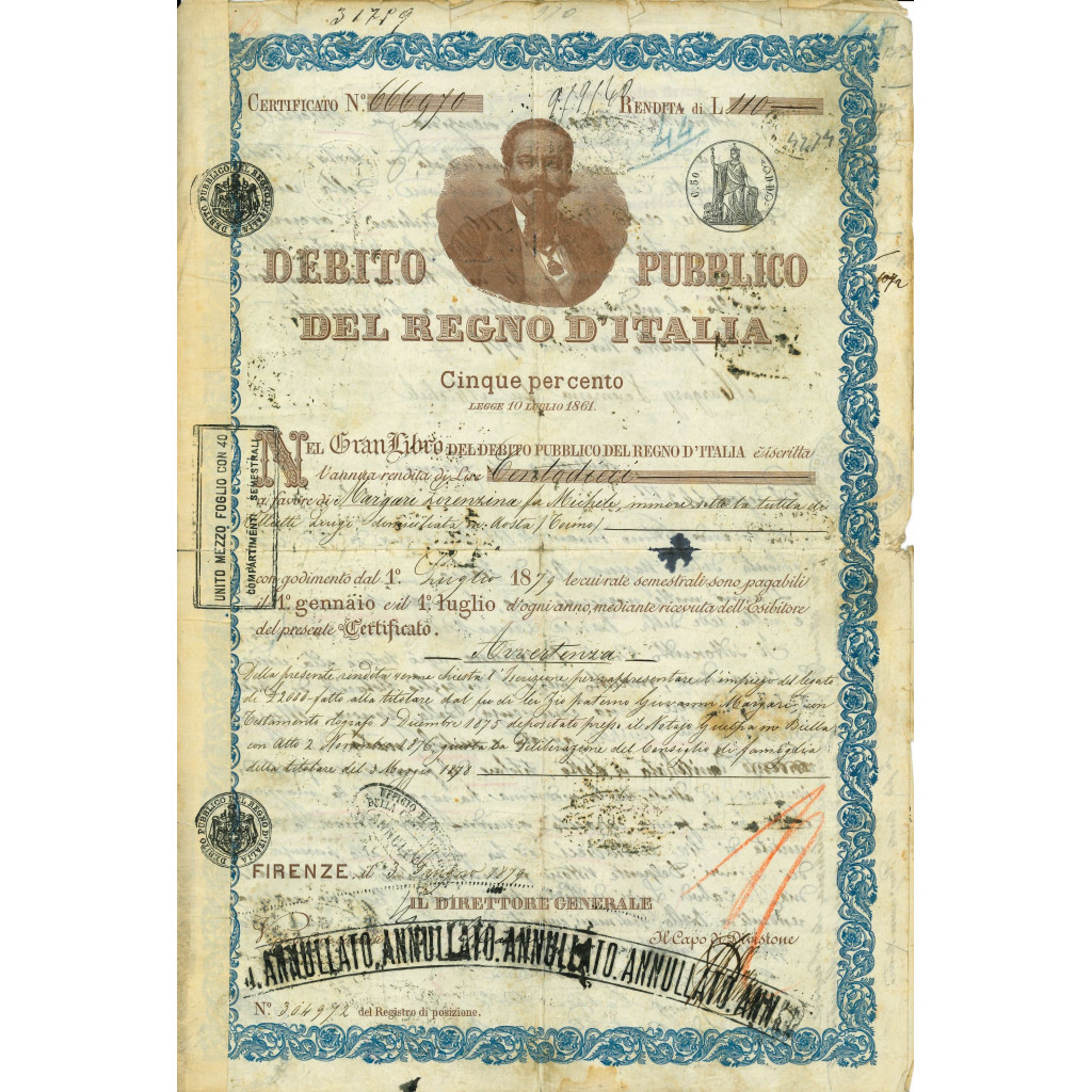 1879 - DEBITO PUBBLICO REGNO D'ITALIA VITTORIO...