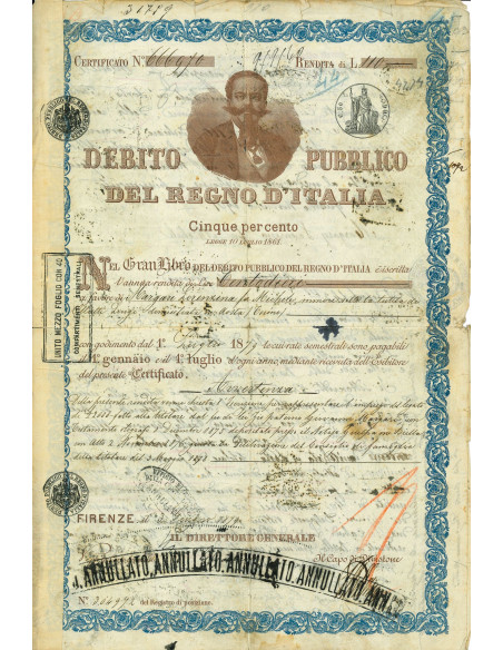 1879 - DEBITO PUBBLICO REGNO D'ITALIA VITTORIO EMANUELE II 5% RENDITA LIRE 110 - FIRENZE