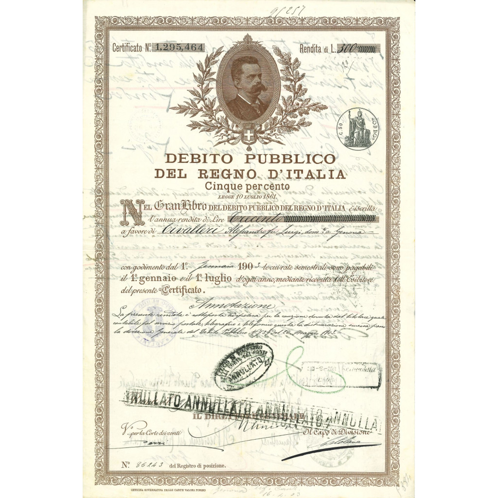 1903 - CERTIFICATO DI RENDITA - DEB. PUB. REGNO...