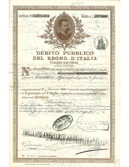 1903 - CERTIFICATO DI RENDITA - DEB. PUB. REGNO D'ITALIA 5% - ROMA