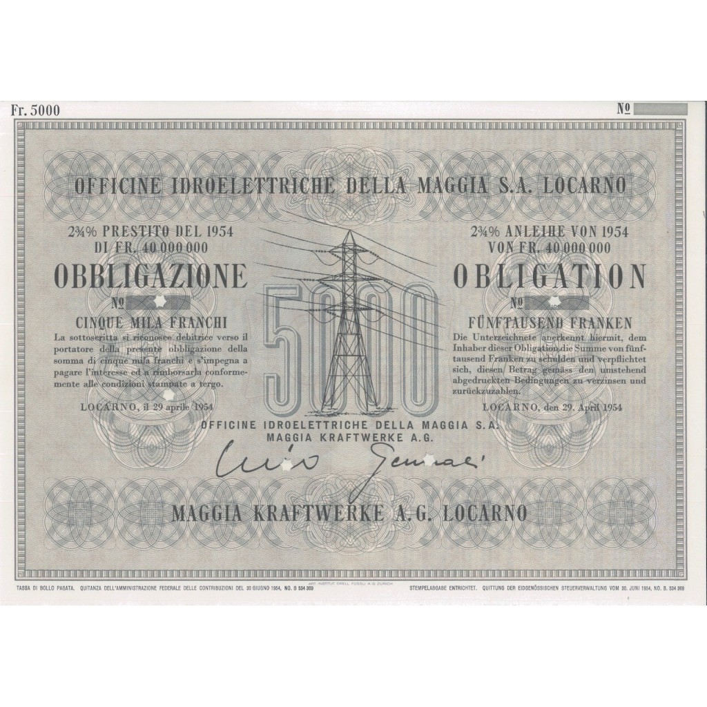 OFF. IDROELETTRICHE DELLA MAGGIA S.A. - 1 OBB. 2,75% LOCARNO 1954