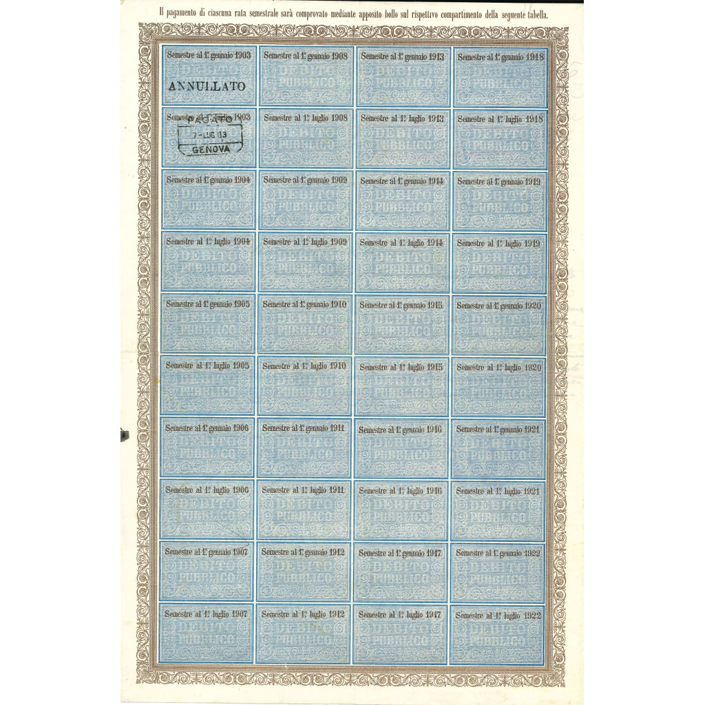 1903 - CERTIFICATO DI RENDITA - DEB. PUB. REGNO...