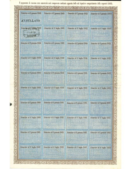 1903 - CERTIFICATO DI RENDITA - DEB. PUB. REGNO D'ITALIA 5% - ROMA