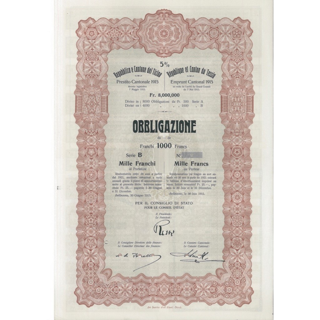 REPUBBLICA E CANTONE DEL TICINO - 1 OBBLIG. BELLINZONA 1915