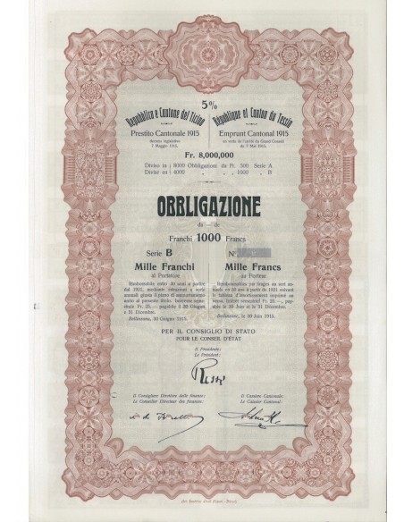 REPUBBLICA E CANTONE DEL TICINO - 1 OBBLIG. BELLINZONA 1915