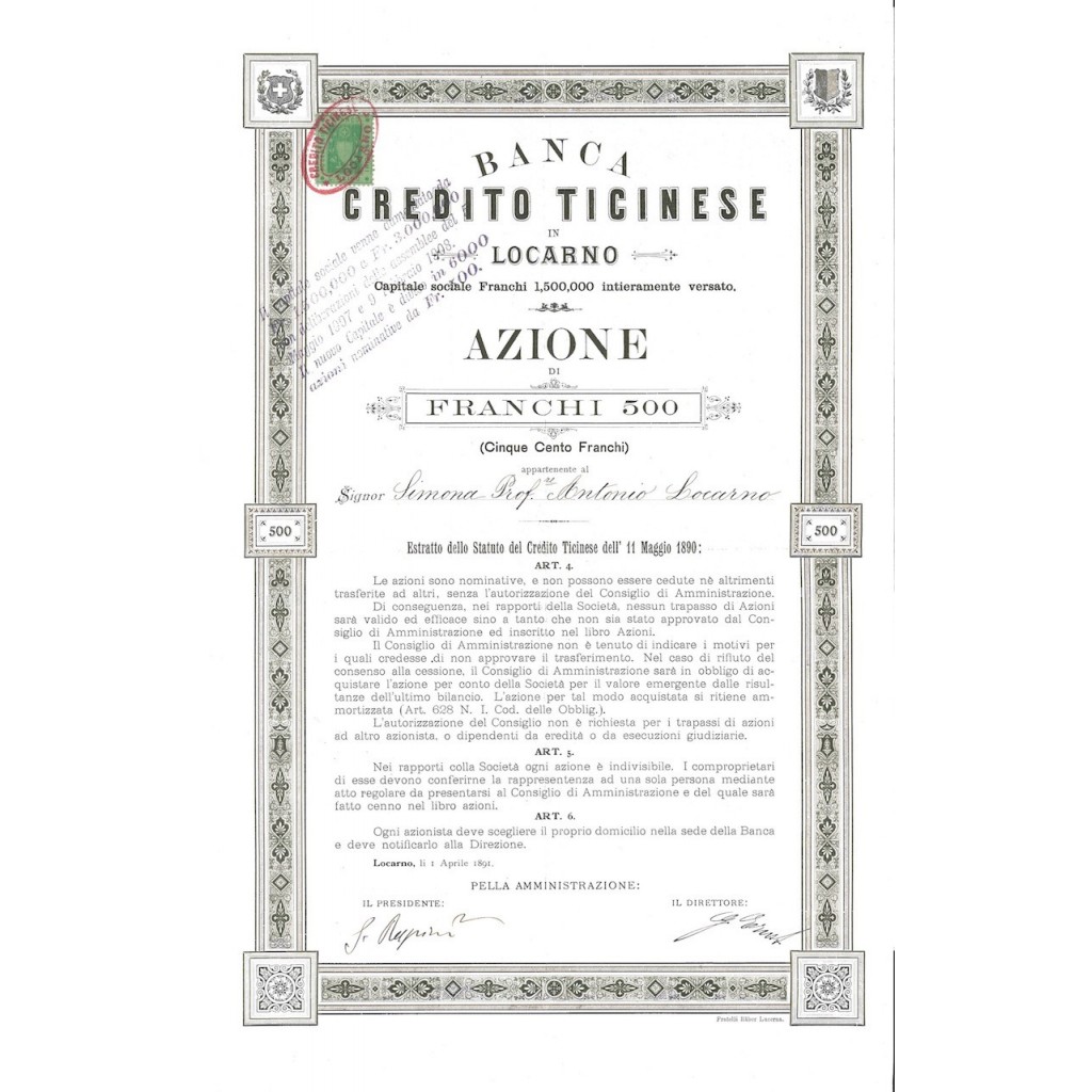 BANCA CREDITO TICINESE - 1 AZIONE LOCARNO 1891