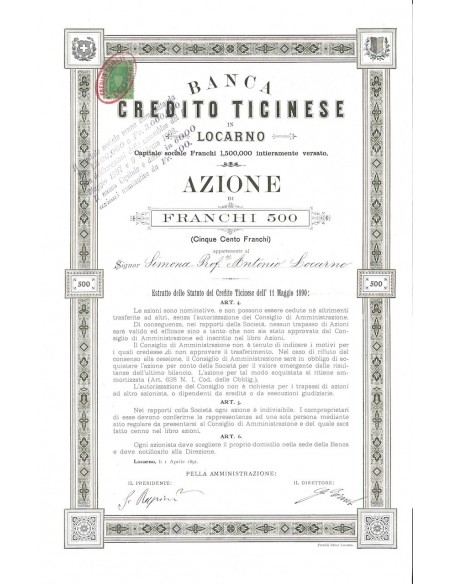 BANCA CREDITO TICINESE - 1 AZIONE LOCARNO 1891