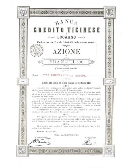BANCA CREDITO TICINESE - 1 AZIONE LOCARNO 1908