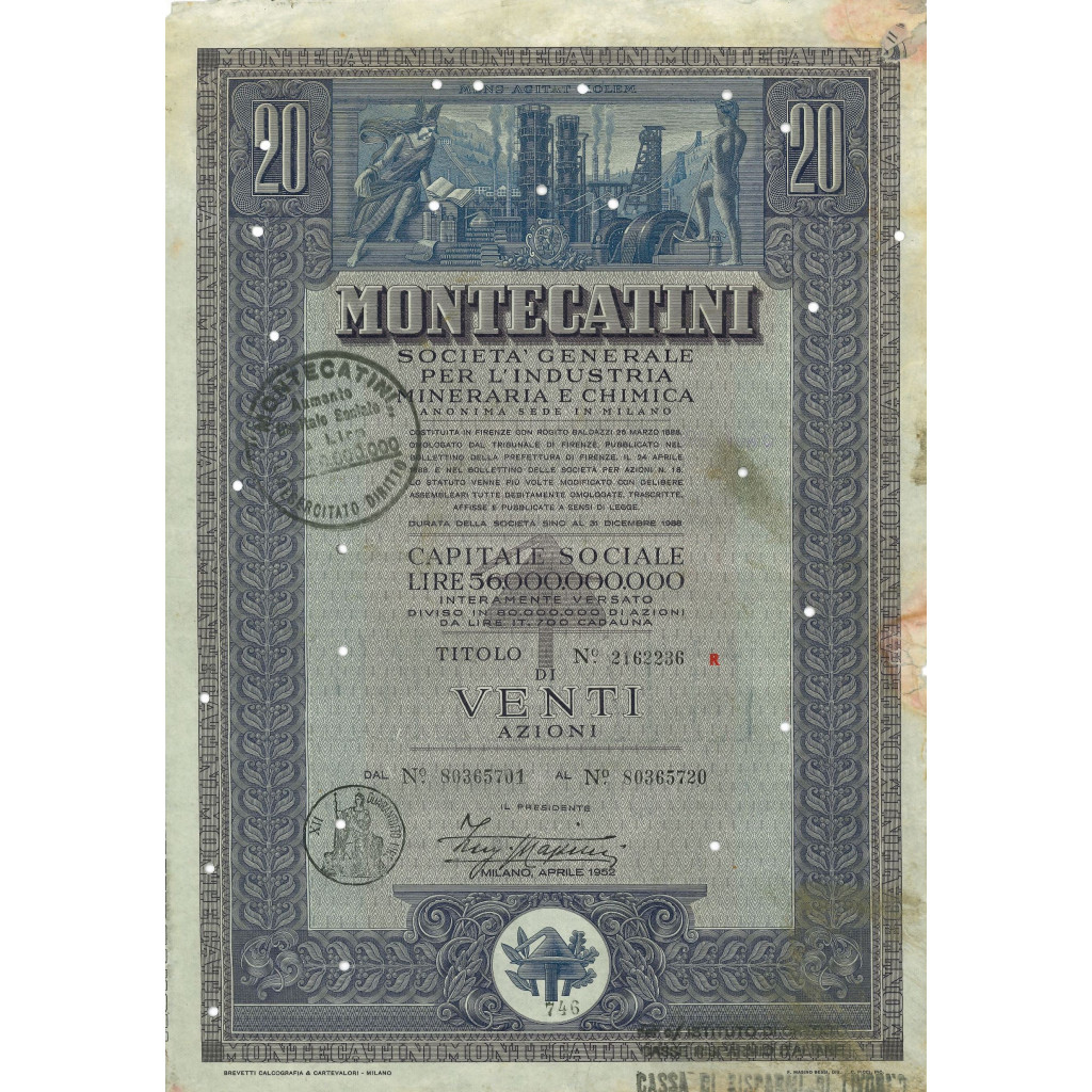 1952 - MONTECATINI - 20 AZIONI - MILANO