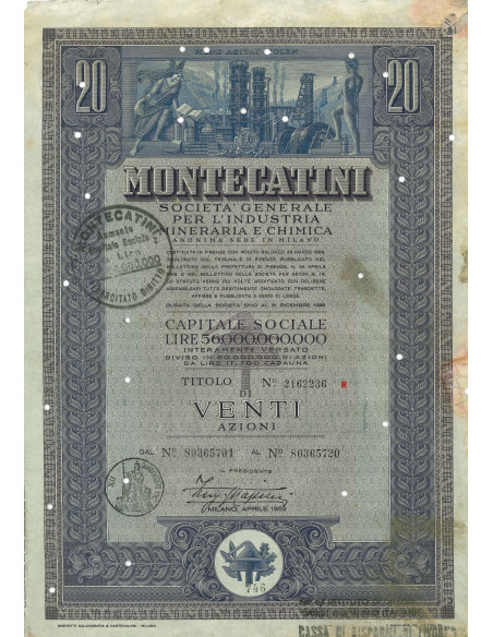 1952 - MONTECATINI - 20 AZIONI - MILANO