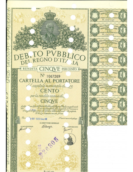 1938 - RENDITA 5% - CARTELLA 100 LIRE - ROMA  (verde)