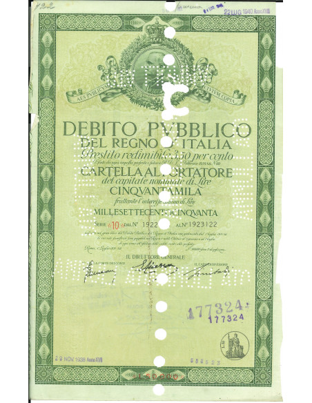 CARTELLA 50000 LIRE INTERESSE 3,50 % REGNO D'ITALIA 1934
