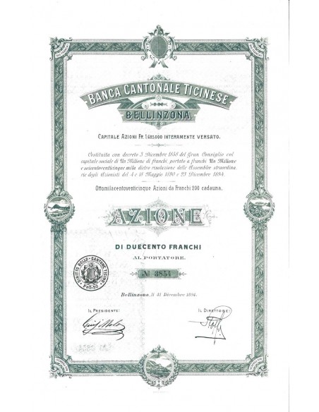 BANCA CANTONALE TICINESE - 1 AZIONE BELLINZONA 1894