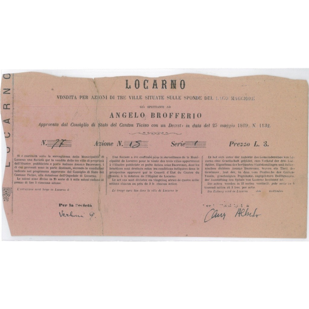 VENDITA PER AZIONI TRE VILLE LAGO MAGGIORE - AZIONE LOCARNO 1869