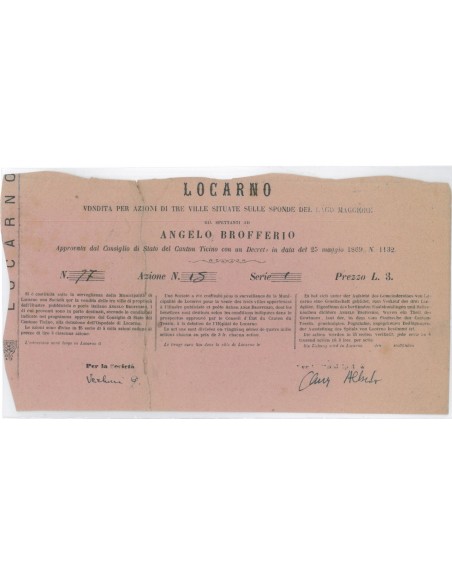 VENDITA PER AZIONI TRE VILLE LAGO MAGGIORE - AZIONE LOCARNO 1869