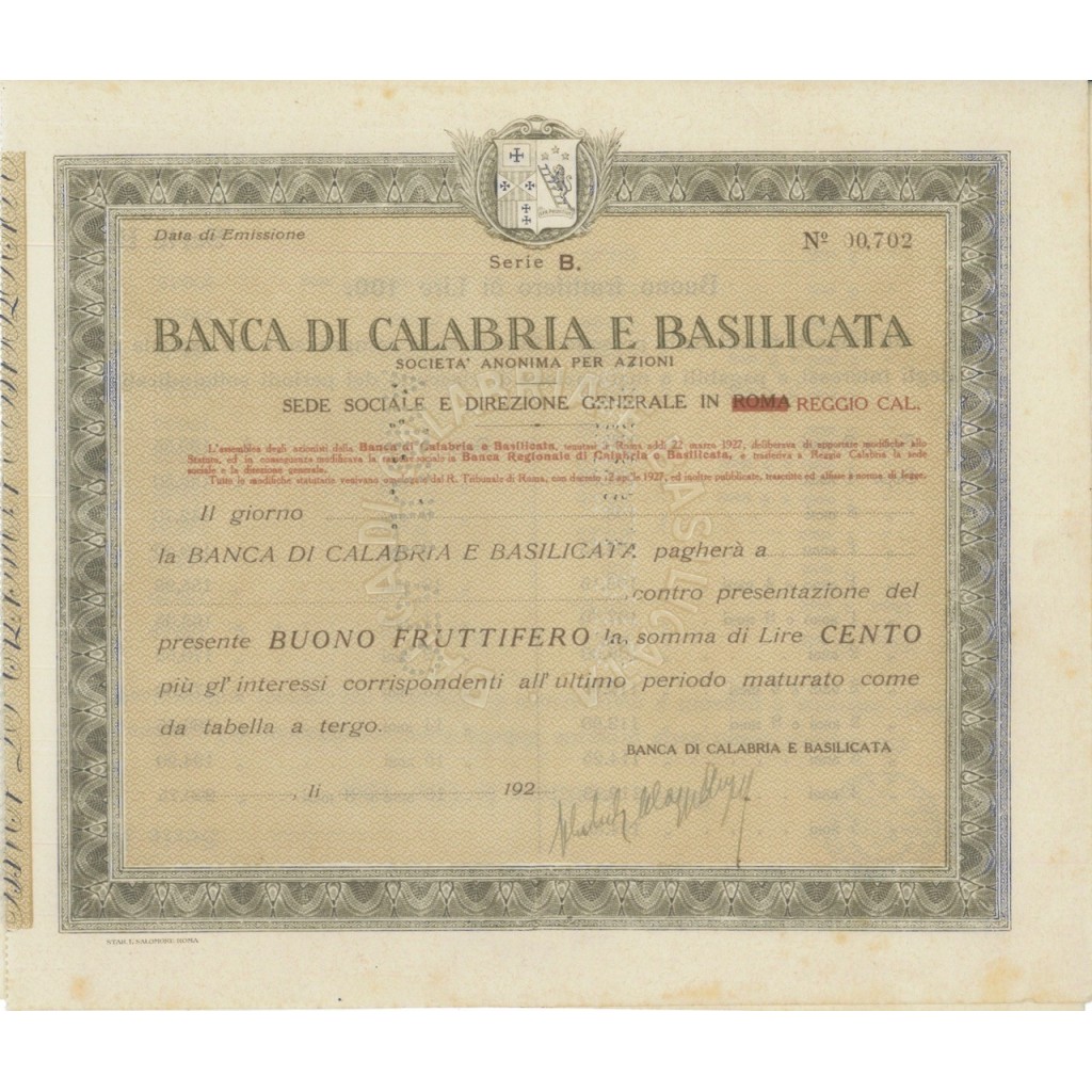 BANCA DI CALABRIA E BASILICATA - BUONO FRUTTIFERO 100 LIRE 1927