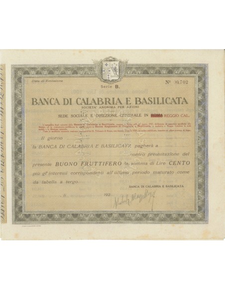 BANCA DI CALABRIA E BASILICATA - BUONO FRUTTIFERO 100 LIRE 1927