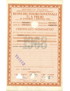 1958 - BUONI DEL TESORO NOVENNALI 5% - CERTIFICATO...