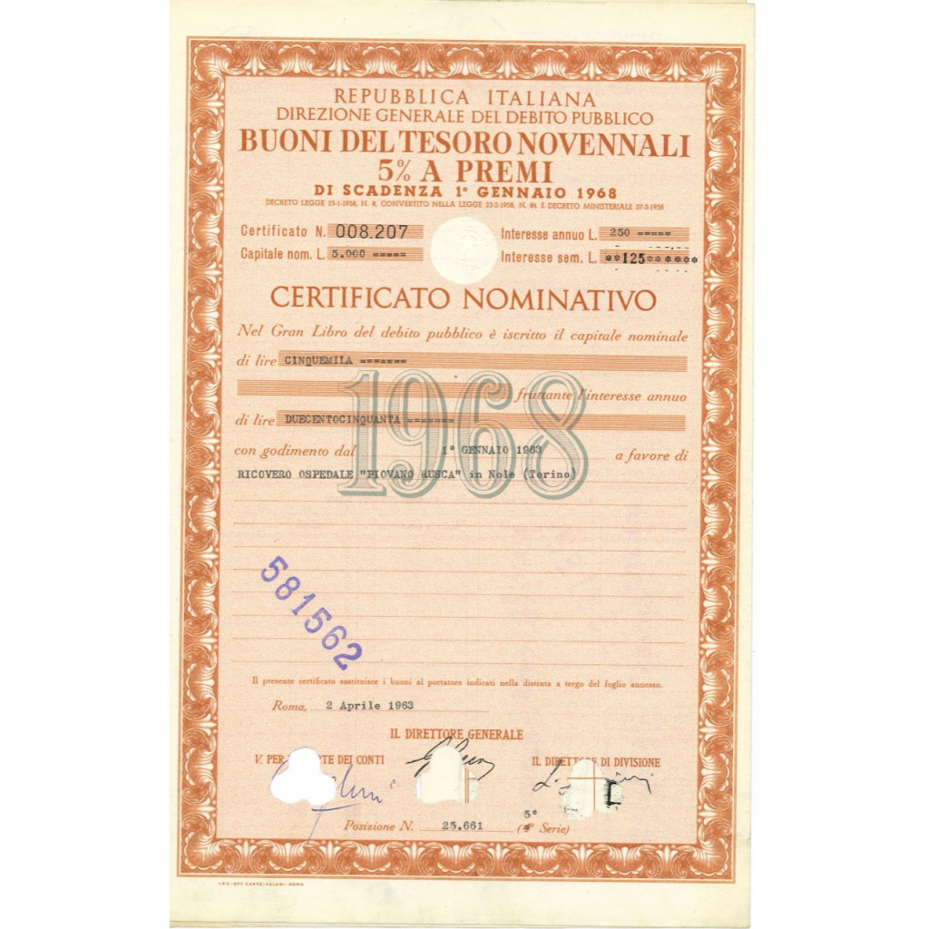 1958 - BUONI DEL TESORO NOVENNALI 5% -...