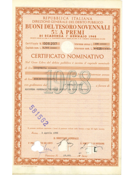 1958 - BUONI DEL TESORO NOVENNALI 5% - CERTIFICATO NOMINATIVO - ROMA (Arancione)