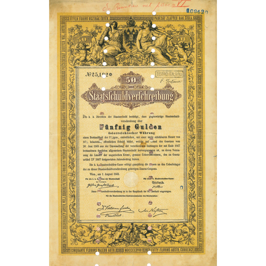STAATSSCHULDVERSCHREIBUNG 50 GULDEN - WIEN 1868