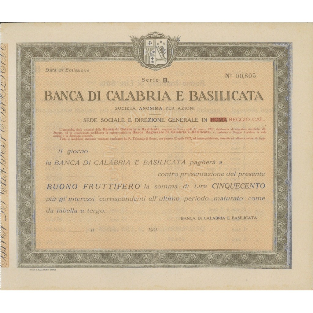 BANCA DI CALABRIA E BASILICATA - BUONO FRUTTIFERO 500 LIRE 1927